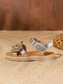 Girls' White Fashionable Sandals, Toddler Dress Shoes With Bow Tie, Versatile Open Toe Princess Shoes For Outdoor & Beach, Spring/Summer - Gold - View 5