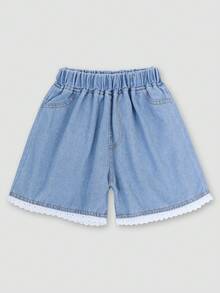 Girls Denim Effect Lace Hem Shorts - Multicolor - View 1