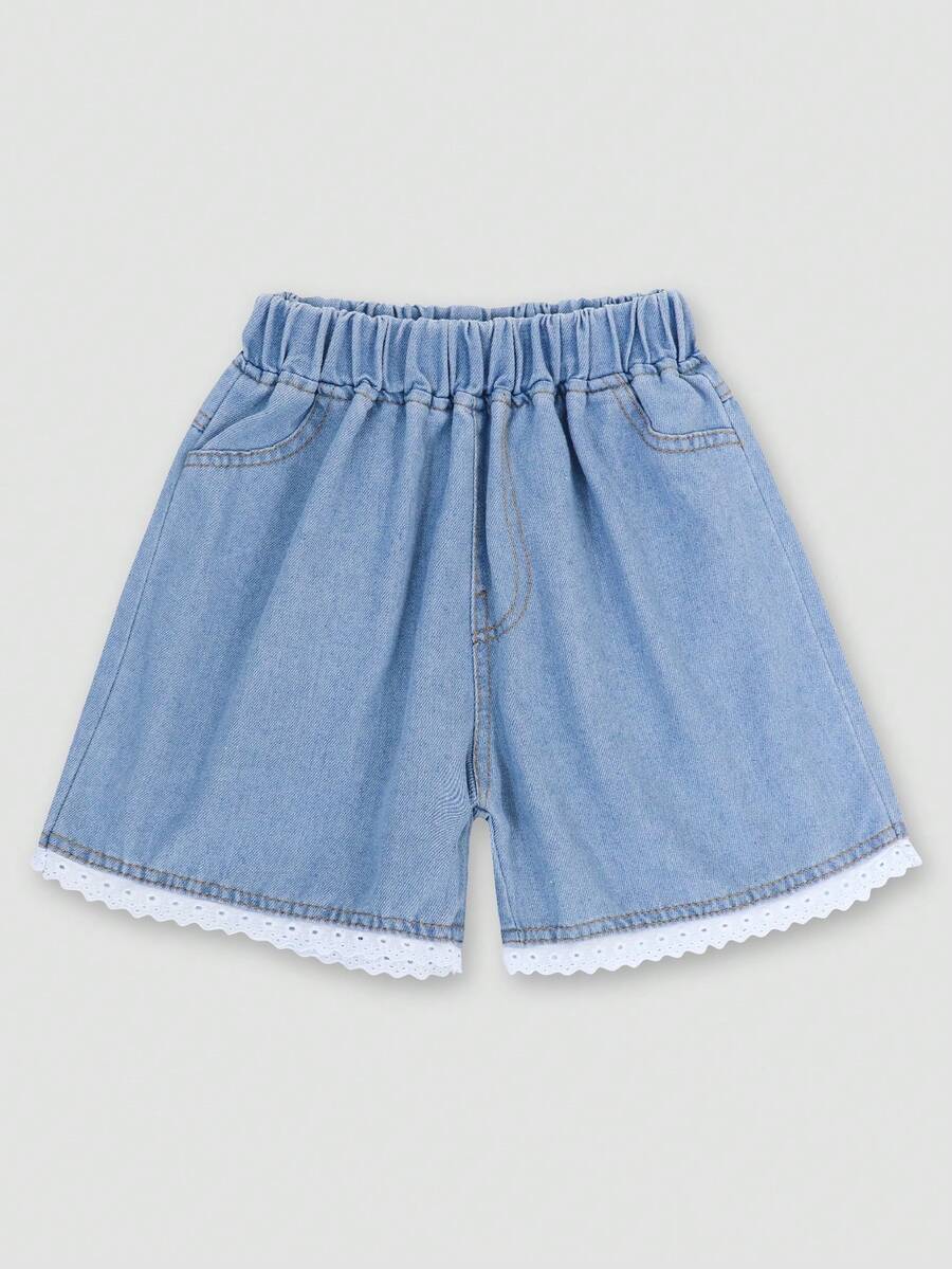 Girls Denim Effect Lace Hem Shorts - Multicolor - View 1