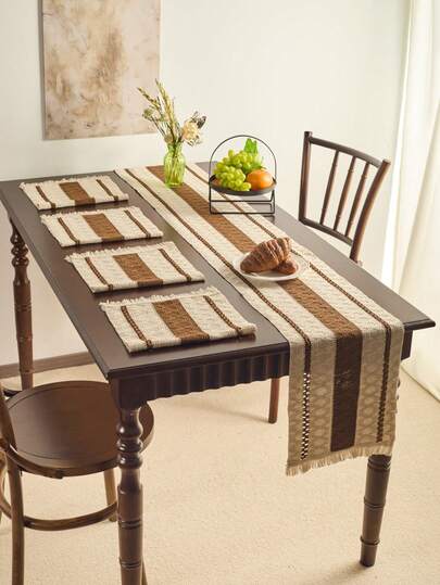 1 Runner da tavolo + Set di 4 Tovagliette, Design a righe rustico vintage americano tessuto, Decorazione da tavolo per cucina, Rettangolare per tavolino, TV, Feste, Compleanni, Matrimoni, Stile Fattoria, Adatto a tutte le stagioni