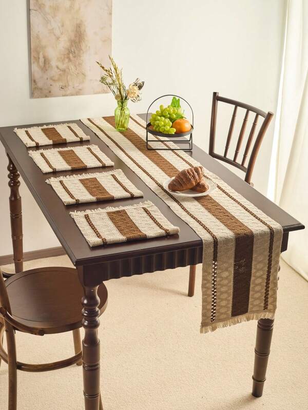 1pc Table Runner + 4pcs Placemats Set, American Vintage Rustic Striped Woven Design, Kitchen Decor Table Runner, Rectangle For Coffee Table TV Stand, Holiday Party Birthday Wedding Farmhouse Decoration, All Season