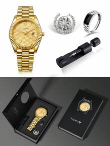 TOMI石英男士手表套装，配星月胸针戒指，时尚商务石英表礼盒，适合日常生活、商务活动、父亲节、情人节、圣诞节等场合。