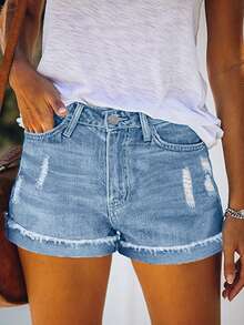 Front Button Closure Multi-Pocket Distressed Vintage Washed Denim Shorts, Casual Everyday Wear, Spring/Summer - Light Wash - View 1