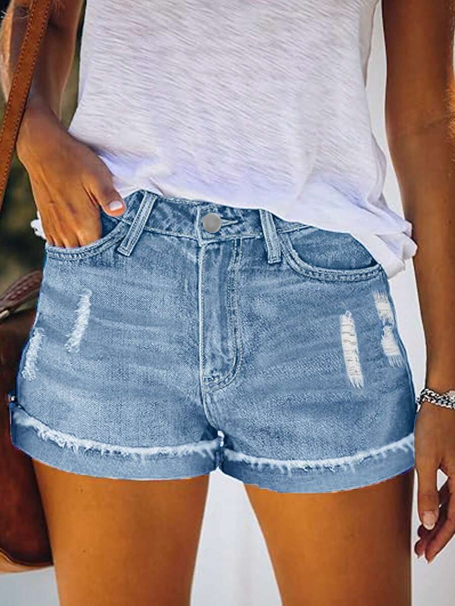Front Button Closure Multi-Pocket Distressed Vintage Washed Denim Shorts, Casual Everyday Wear, Spring/Summer - Light Wash - View 1