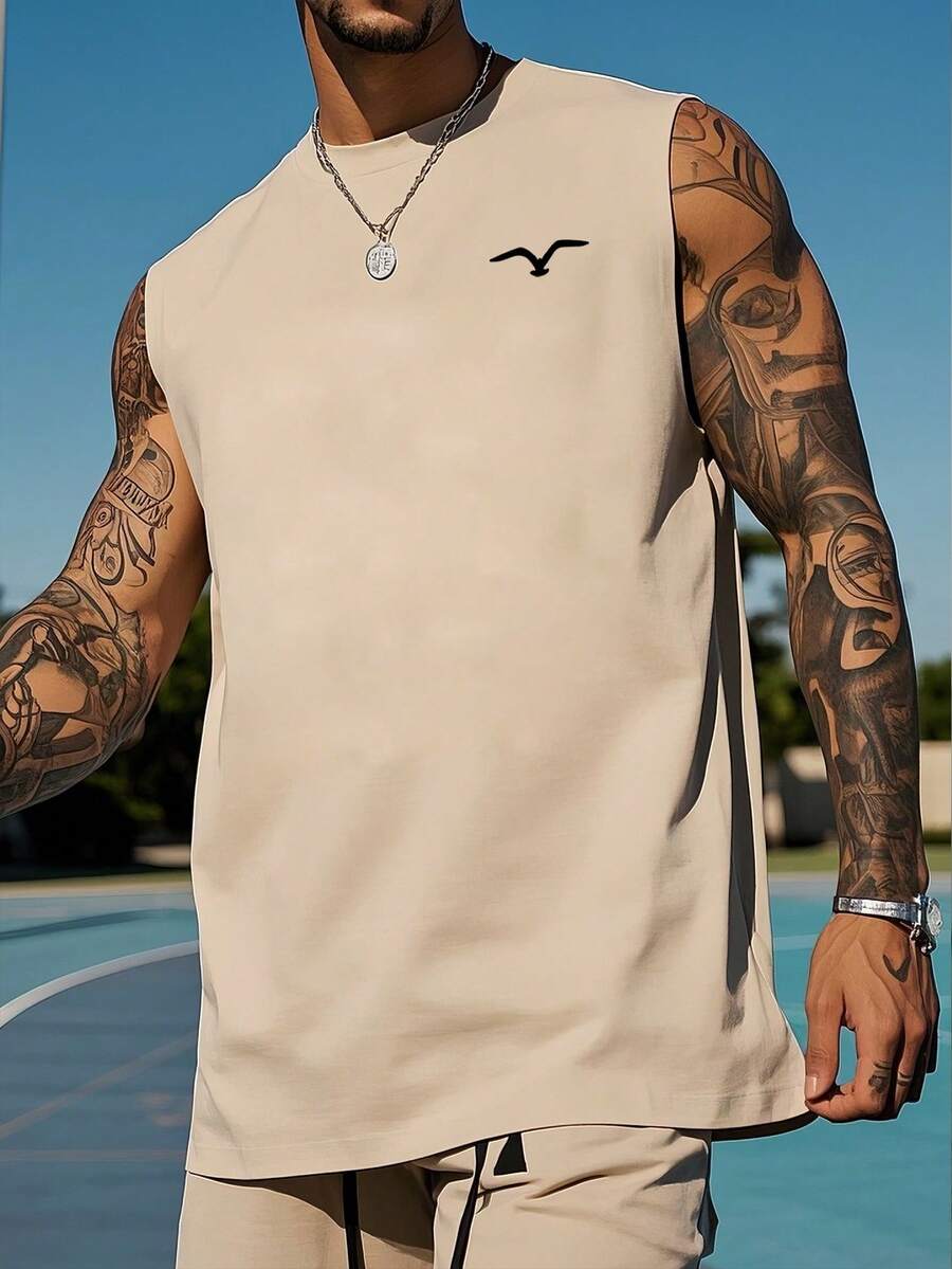 男士休闲海鸥印花背心，夏季 - 杏色 - 查看 1