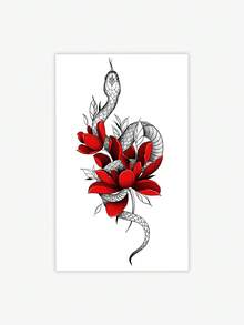 1pc Temporary Tattoo Red Flower & Black Snake Wrap Design, Waterproof & Sweatproof, Unisex - Multicolor - View 5