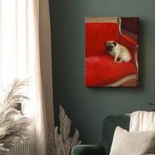 1pc Funny Bathroom Wall Art Framed Wall Art, Wrapped Canvas Poster Vintage Prints, A Pug Sitting On A Red Sofa, Birthday Party Decor, Decorative Wall Art For Living Room Bedroom Office, Hanging Hardware Included - Framed, Vertical - 裱框畫布 - 查看 7