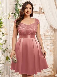 加大 V 领亮片蕾丝撞色缎面正式派对秋千裙，优雅舞会婚礼宾客礼服，适合生日、毕业典礼、返校节 - 藕粉色 - 查看 5