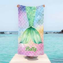 1pc Personalized Mermaid Text Beach Towel, Strong Water Absorption, Suitable For Swimming Pool, Camping, Extremely Comfortable Bathroom Decor SummerTravel Essentials Travel Accessories Beach Essentials