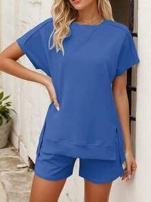 hoteel Women's Round Neck Raglan Short Sleeve Slit Top And Elastic Waist Pocket Shorts Loungewear Set - Màu xanh lam - Xem 1