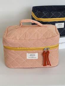 Bolsa de cosméticos de estilo clásico a cuadros, bolsa de tela con cremallera suave, diseño minimalista retro, bolsa de almacenamiento multiusos, adecuada para el hogar, viajes y uso diario, bolsa de cosméticos, útiles escolares, artículos de viaje, artículos esenciales para vacaciones, bolsas de cosméticos - Verde - Ver 4