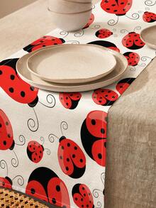 1pc Hand-Painted Seven-Spot Ladybug Insect Print Linen Table Runner, Suitable For Holidays, Parties, Birthdays, Dinners, Kitchen, Dining Room Decor, Shoe Cabinet Cover, All Season Home Decor - Multicolor - View 2