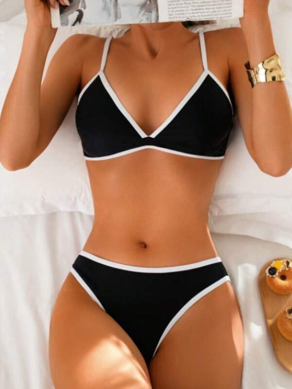 Women's Sexy Black Vacation Bodycon Bikini 2 Pieces Swimwear, Casual Beach Style