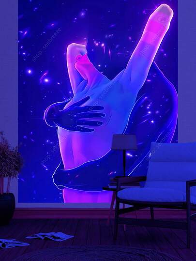 情侣拥抱 UV 反应壁挂充满活力的宇宙手工艺术紫蓝粉渐变星空宇宙装饰适用于卧室客厅宿舍波西米亚风格