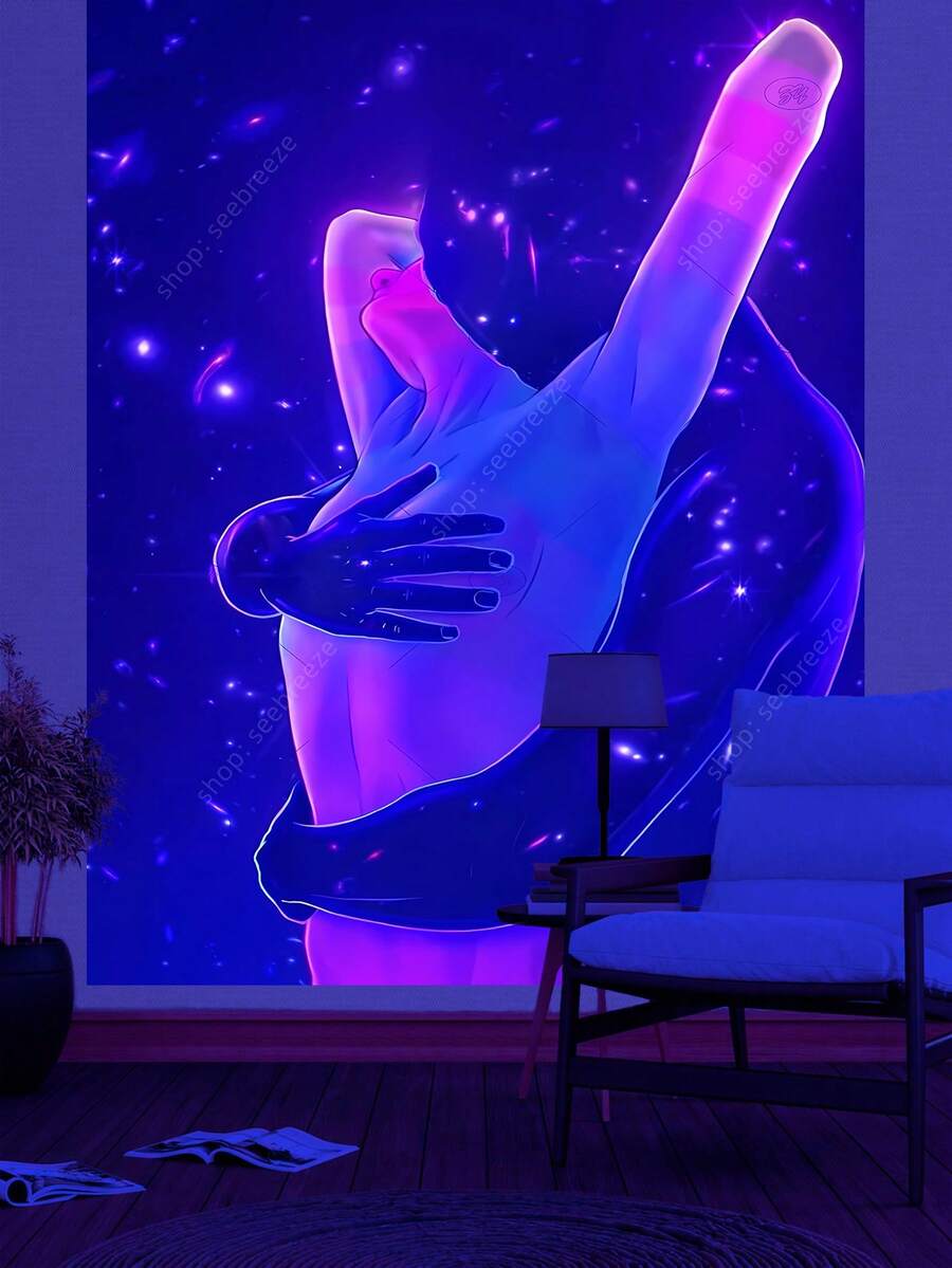 情侣拥抱 UV 反应壁挂充满活力的宇宙手工艺术紫蓝粉渐变星空宇宙装饰适用于卧室客厅宿舍波西米亚风格 - 彩色 - 查看 1