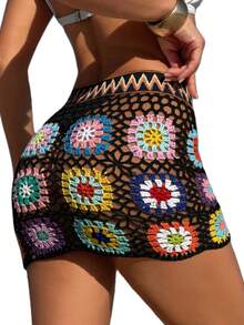 Hand - Crocheted Women's Flower - Block Skirt - Black - View 1