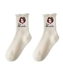 1Pair Ear Socks For Women Milk White Jk Black Japanese College Style Ins Jk Pile Socks Personalized Text Customization