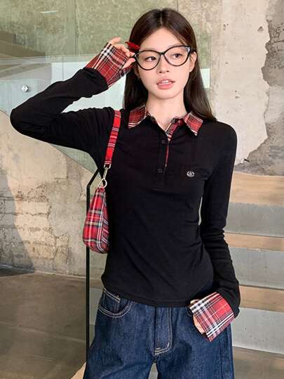 Women's Polo Collar 2 In 1 Plaid Contrast Design Slim Fit Long Sleeve T-Shirt