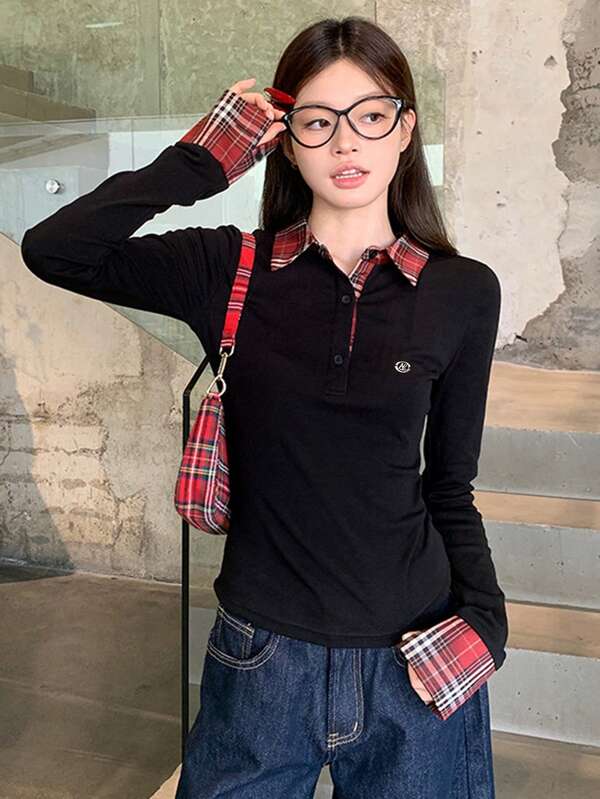 Women's Polo Collar 2 In 1 Plaid Contrast Design Slim Fit Long Sleeve T-Shirt