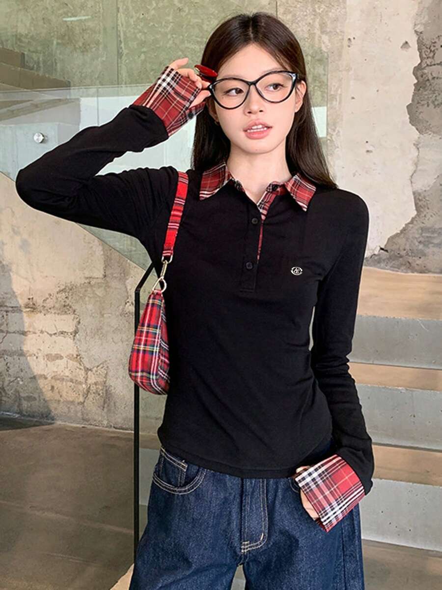 Women's Polo Collar 2 In 1 Plaid Contrast Design Slim Fit Long Sleeve T-Shirt - Red Plaid - View 1