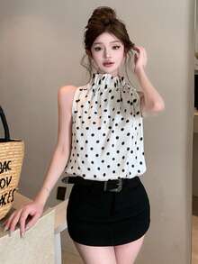 女士时尚黑色圆点缎面抽绳宽松束腰上衣