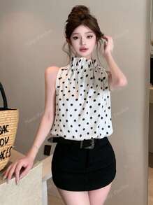 Women's Fashion Black Polka Dot Satin Drawstring Loose Fit Blouson Top