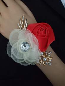 1pc Korean Style Wrist Corsage, Multi-Color Green And Beige Rose Flower Design, Suitable For Bride, Bridesmaid, Wedding, Party, Daily Wear Bracelet - Multicolor - View 8