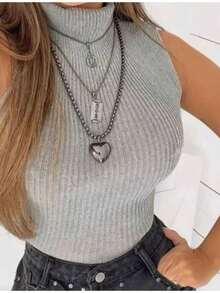 Women's Ribbed Tank Top With Garrafinha Knitting, High Neck Sleeveless Blouse, Lightweight, Faby Knit - 銀色 - 查看 2