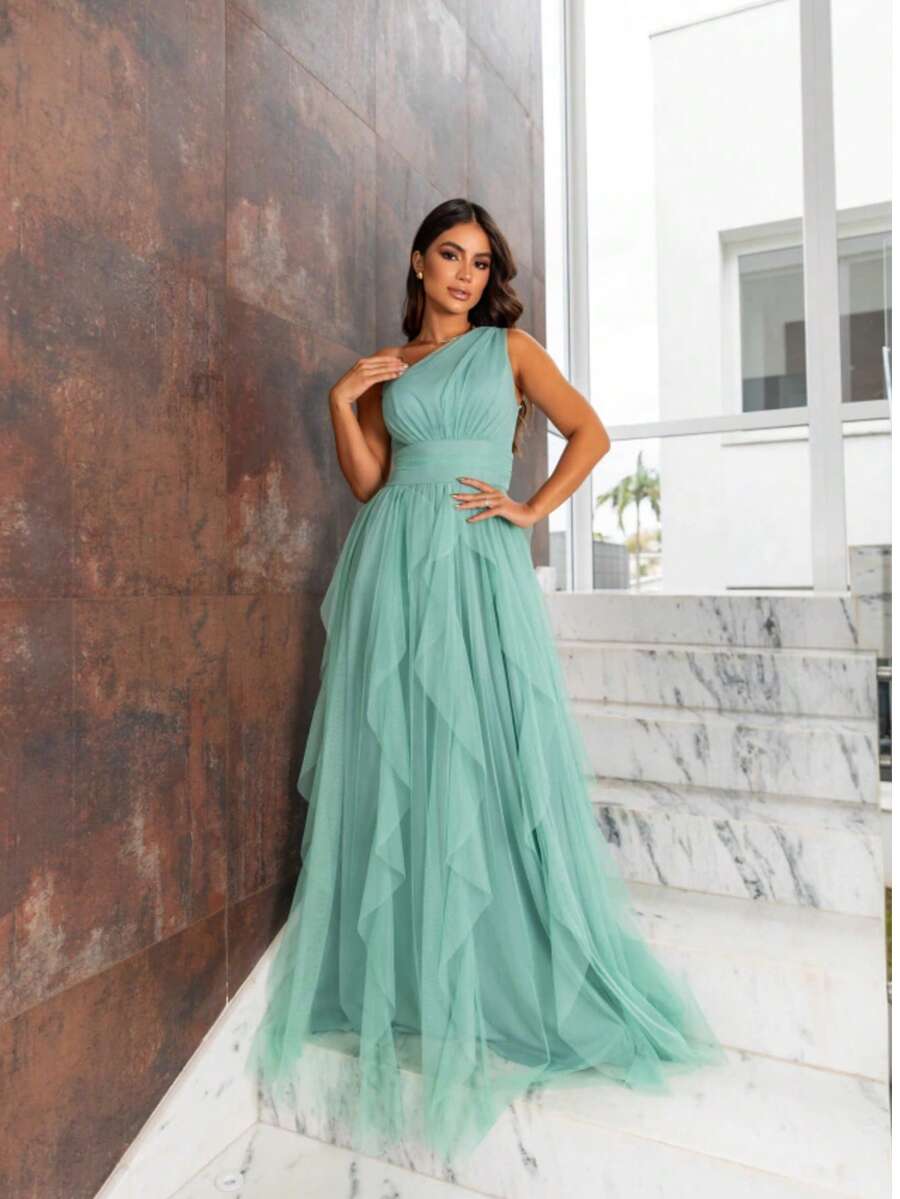 One-Shoulder Layered Bridesmaid Prom Dress - Mint Green - View 1