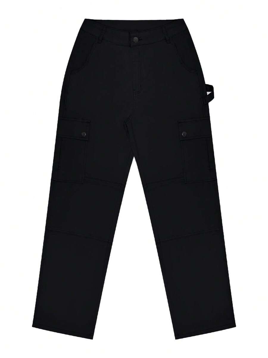 Fall Women's Streetwear Multi-Pocket Overalls For Back To School - Black - View 1