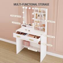 Dressing Table With Mirror And 10 LED Lights, Dressing Table With 4 Open Shelves And 2 Compartments, Dressing Table With 2 Drawers, For Bedroom, Living Room