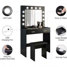 Dressing Table Set With LED Lights Mirror, Vanity Makeup Table 2 Large Drawers And Stool (Black)