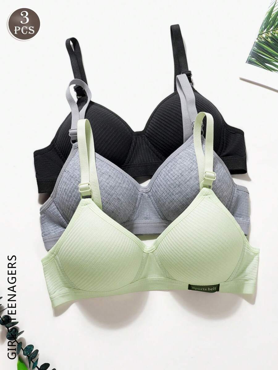 3pcs/Set Teen GirlRibbed Triangle Cup Bras, Comfortable & Breathable, Suitable For 13-16 Years Old - Multicolor - View 1