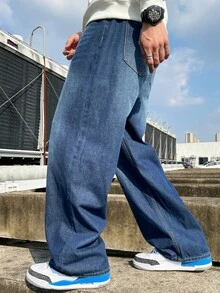 Hearty Haven 1pc Vintage Washed Retro High Street Straight Leg Loose Casual Baggy Wide Leg Dragging Jeans For Men, With Distressed Hem - Royal Blue - View 6