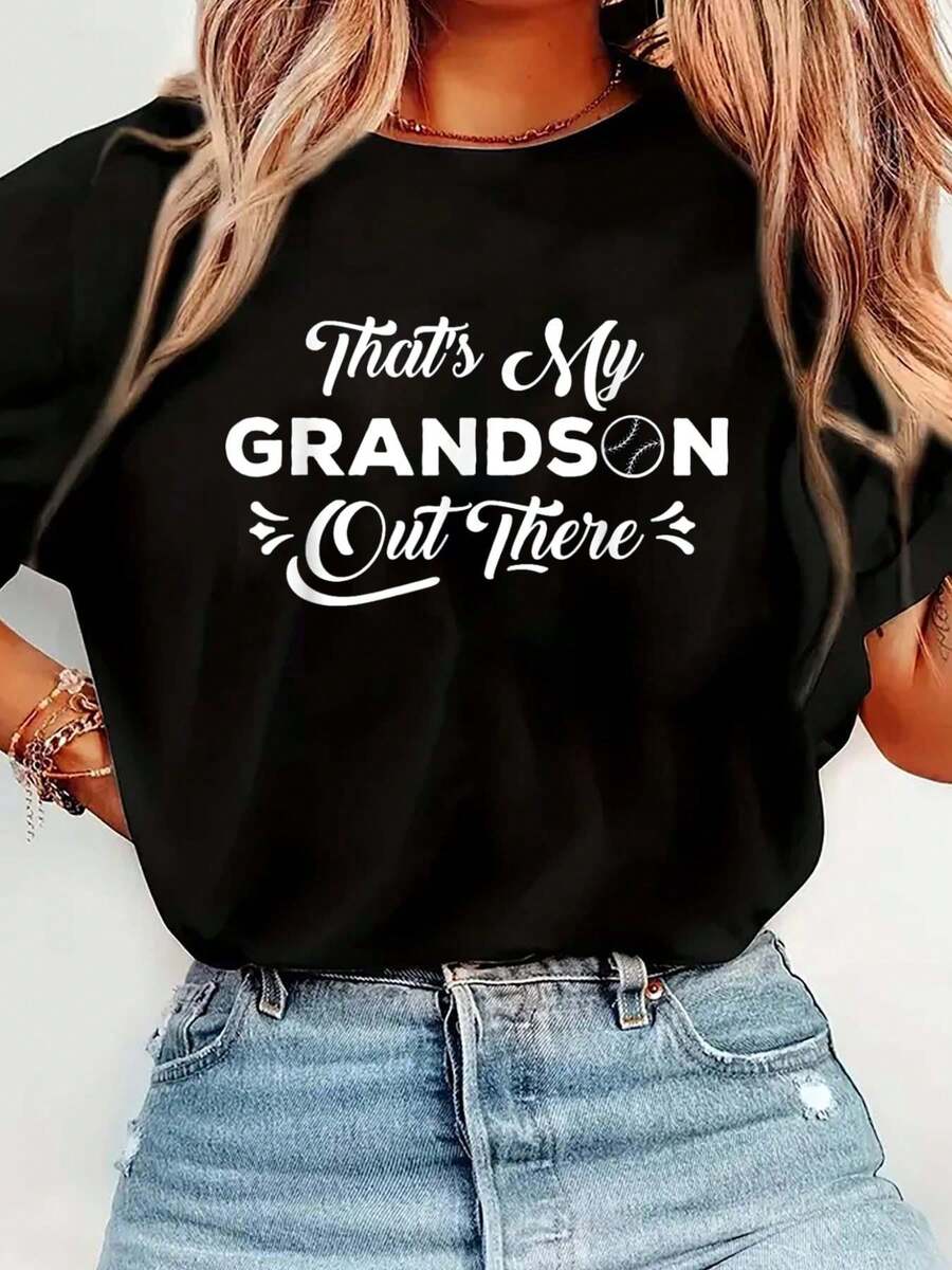 That's My Grandson Out There Baseball Grandma T-Shirt Print T-Shirt Casual Crew Neck Short Sleeve Comfort Tee Top For Spring & Summer Women's Clothing