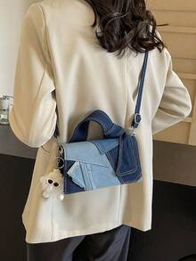 时尚流行的复古风格撞色手提包，撞色，多功能翻盖，轻便可调节肩带斜挎包，休闲简约的单肩包适合上下班、日常旅行、购物和约会。 - 藍色 - 查看 3