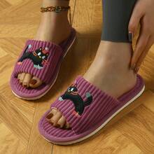 Minimalist Cute Cat Exposed Toe Striped Pattern Anti-Slip Women Indoor Slippers - Red Violet - View 5