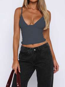 Áo croptop hai dây cổ chữ V màu trơn ôm sát gợi cảm phong cách đường phố dành cho nữ, thích hợp cho mùa xuân/hè, đi nghỉ mát, dự tiệc, đi hộp đêm. - Màu xám đen - Xem 3