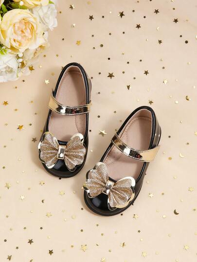 Elegant Black Bow-Tied Flat Shoes For Toddler Girls To Pair With Cozy Indoor Family Party Dress