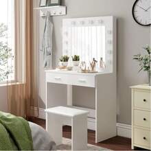 Dressing Table Set With LED Lights Mirror, Vanity Makeup Table 2 Large Drawers And Stool (Black) - White - View 6