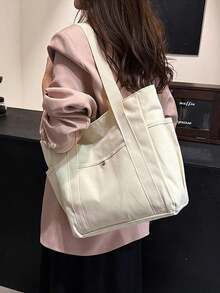 1 件女式多口袋帆布手提包带手柄，可重复使用大容量手提包，适合日常使用和旅行，多个隔层，非常适合海滩、工作和日常 - 彩色 - 查看 8