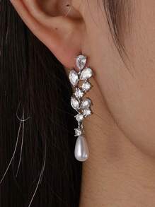 2 Pcs Water Drop Pearl & Cubic Zirconia Elegant Fashion Earrings, Suitable For Brides And Bridesmaids
