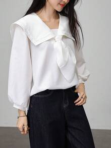 清新蝴蝶结海军蓝翻领衬衫 - 白色 - 查看 3