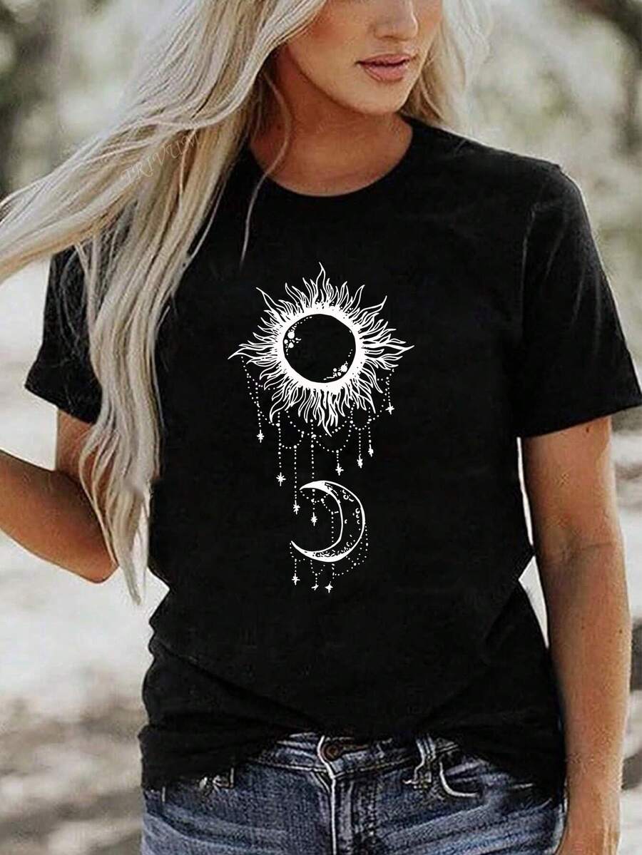 Women's Printed Loose Round Neck Women's Sun And Moon Printed Short Sleeved Shoulder T-Shirt Women's Top