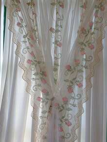 Muroi Mono 1pc French Pastoral Embroidered Sheer Curtain, No Drilling Required For Balcony, Bedroom, Suitable For Multiple Occasions