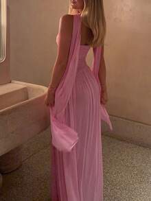 Váy lưới xoắn phía trước gợi cảm màu trơn thanh lịch dành cho nữ, thích hợp cho tiệc tùng, đám cưới, sinh nhật, vũ hội, tốt nghiệp, ngày lễ, khách, cocktail, mùa hè - Hồng - Xem 3