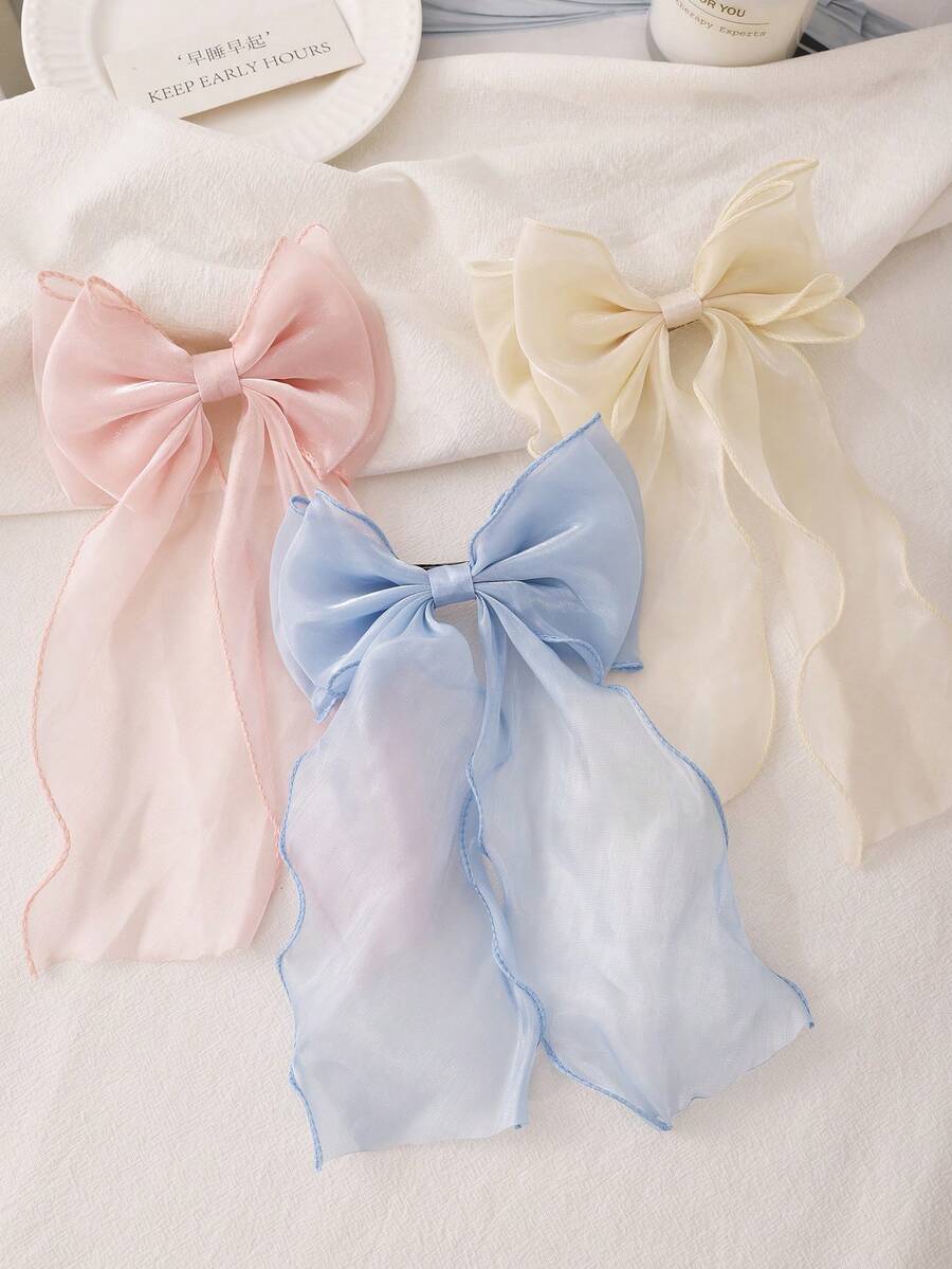 1pc Multi-Color Princess Lace Bow & Ribbon Elastic Hairclip, Elegant Summer Hair Accessory - Pink - View 1