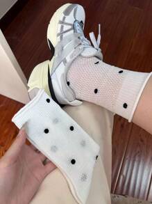 3 Pairs Women Summer Thin Polka Dot Net Yarn Breathable Cuff Rolled Short Socks, Korean Style
