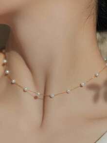 1pc Minimalist Faux Pearl Chain Necklace - Yellow Gold - View 4