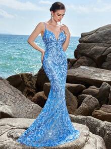 ADYCE 亮片刺绣细肩带露背鱼尾晚会礼服、婚礼宾客礼服、正式礼服、长袍 - 淺藍色 - 查看 5